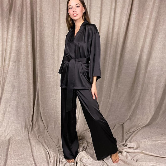 Solid Color Satin Tie Pajama Set