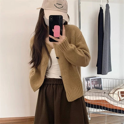 Solid Color Long Sleeve Crewneck Single Breasted Casual Loose Knitted Cardigan