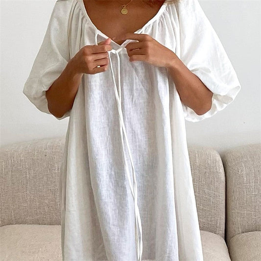 Relaxed Fit Bubble Sleeve Nightgown with Front Tie