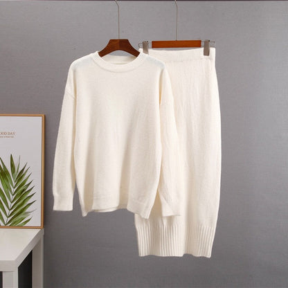 Solid Color Long Sleeve Crewneck Sweater and Skirt Set
