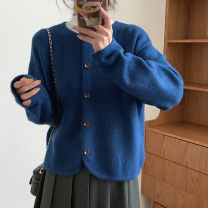 Loose Fit Solid Color Round Neck Sweater Cardigan
