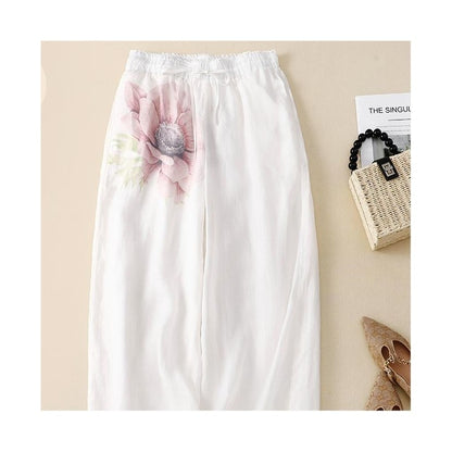 Vintage Women's Cotton Hemp Elastic Waist Lace-Up Wide Leg Trousers