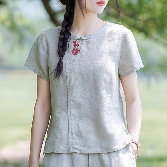 Retro Linen and Cotton Embroidered T-Shirt