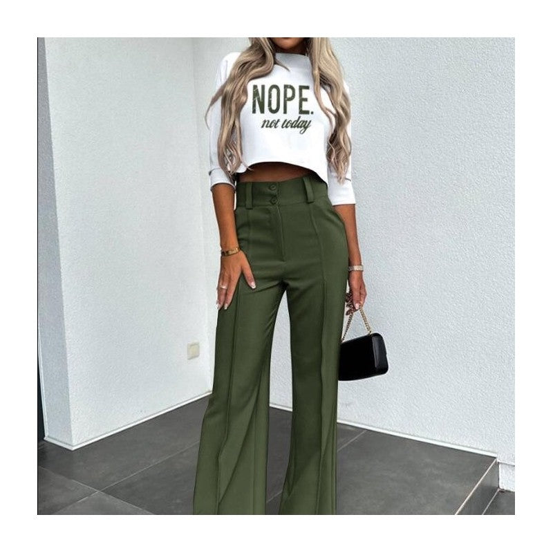 Solid Color Nine-Quarter Sleeve Top and Long Pants Ensemble