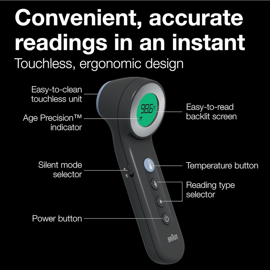 Braun Forehead Thermometer 3-in-1 Non-Contact Digital Thermometer, Age Precision Technology, Fast 2-Second Reading, Color-Coded LCD Display