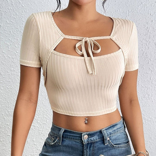 Ribbed Knit Tank Top Set with Square Neck and Belt