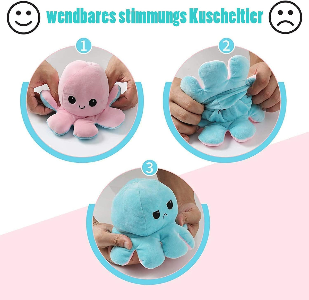 Reversible Octopus Plush Toy 8 Inches – Soft Two-Sided Design - Mystery Color