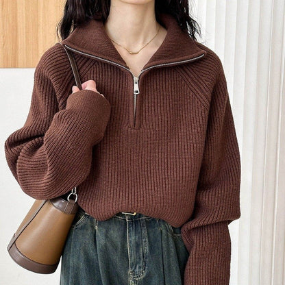 Solid Color Half-Zip Oversized Batwing Sleeve Sweater