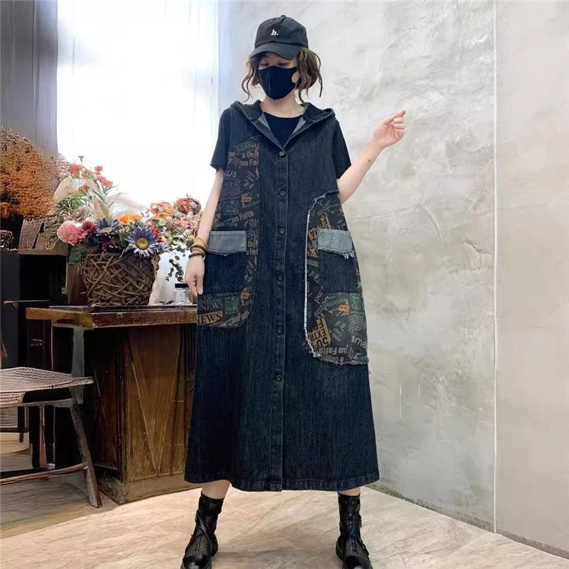 Vintage Loose Fit Hooded Denim Vest With Printed Pattern