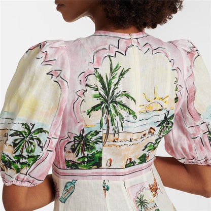 Stylish Printed Bubble Sleeve Bodycon Dress