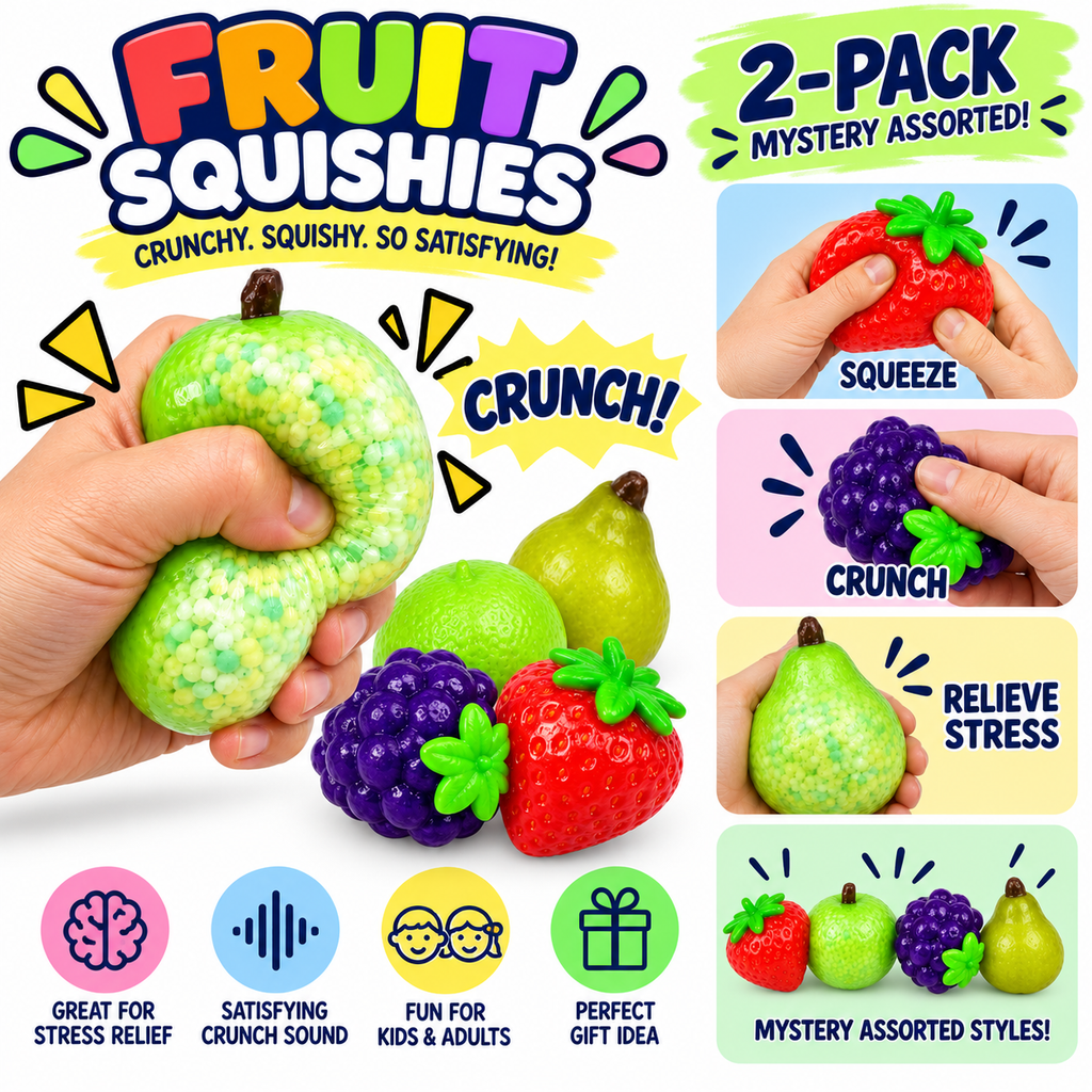 Crunchy Squishies Fruit Squeeze Toy 2-Pack – Mystery Assorted Crispy Crunch Stress Balls | ASMR Sensory Fidget Toys for Adults & Kids | Realistic Fruit Squishies