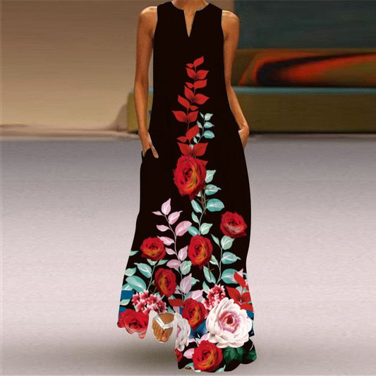 Sleeveless Printed V-Neck Casual Dress
