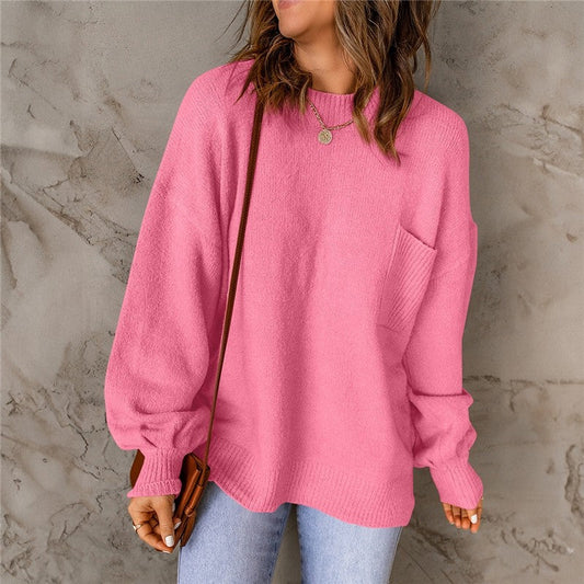 Loose Round Neck Lantern Sleeve Solid Color Sweater
