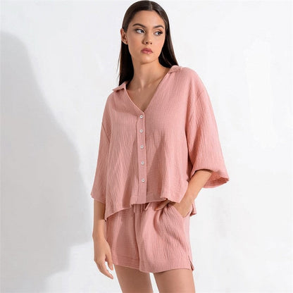 Solid Color V-Neck Loose Fit Half Sleeve Blouse and Shorts Pajama Set