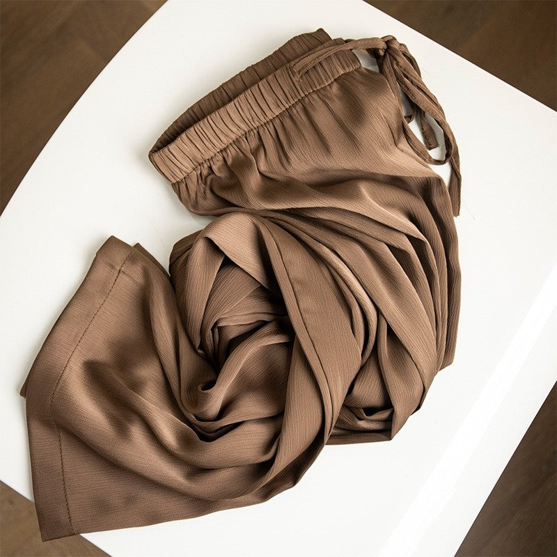 Wide Leg Satin Pants with Elastic Waist - Solid Color