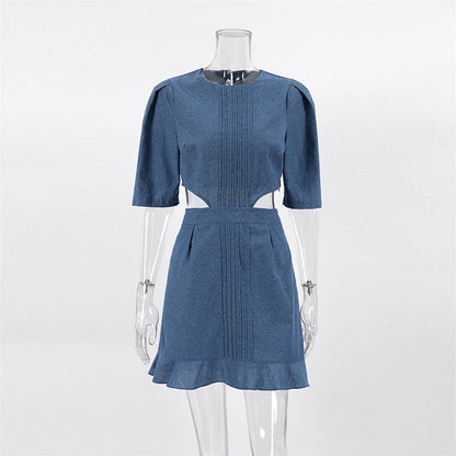 Denim Skirt with Bubble Sleeves and Low Waist - Casual Chic