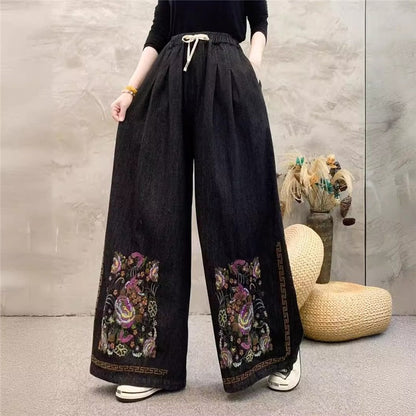 Embroidered Floral High-Waisted Wide-Leg Pants