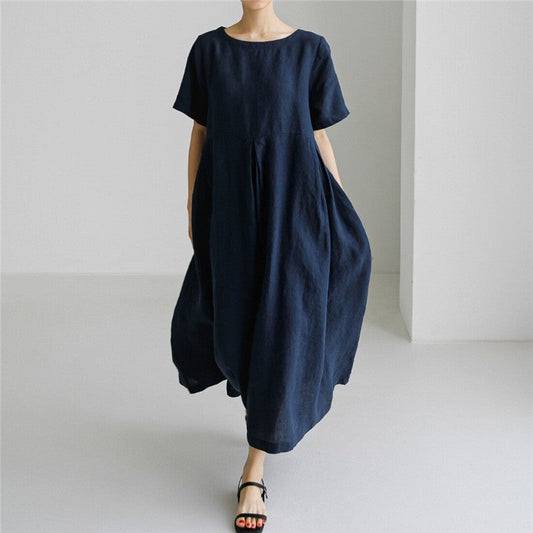Loose-Fit Solid Color Plus Size Round Neck Long Dress