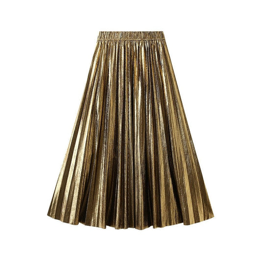 Metallic Pleated A-Line Skirt with Elastic Waist in Solid Color