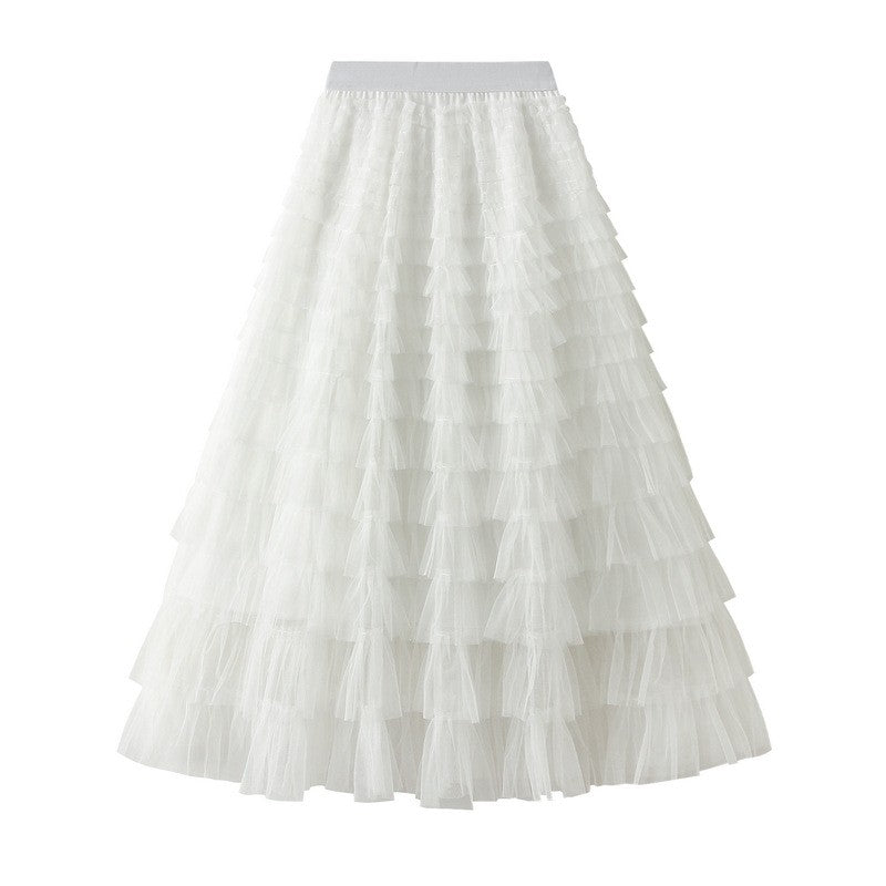 Layered Ruffled A-Line Mesh Cake Skirt with Elastic Waist - Solid Color