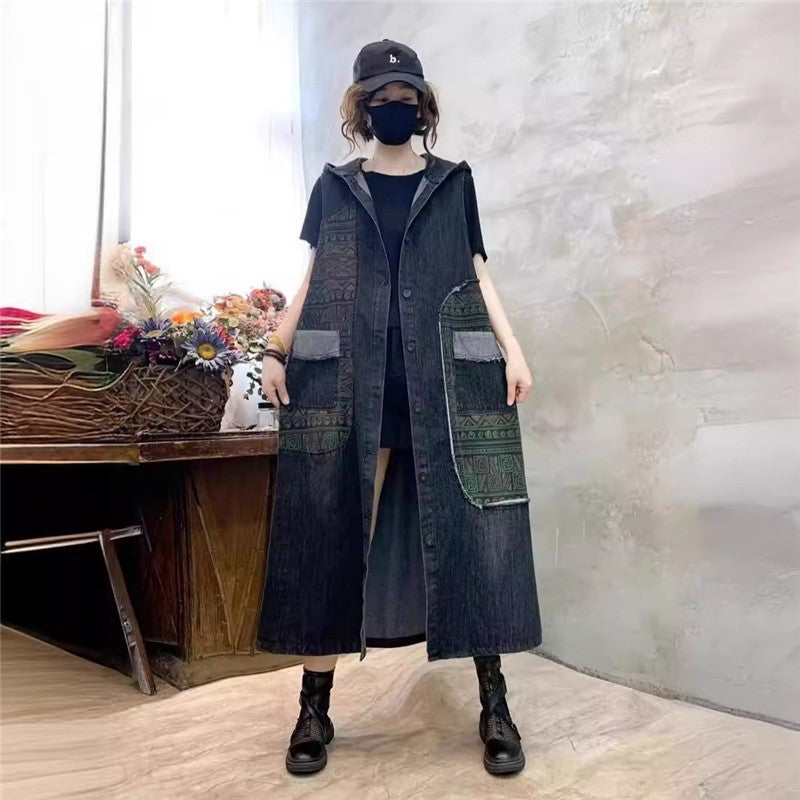 Vintage Loose Fit Hooded Denim Vest With Printed Pattern