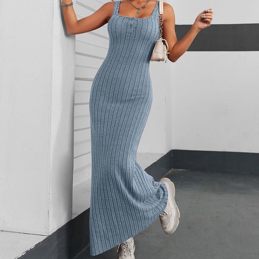 Solid Color Sleeveless Square Neck Slim Knitted Maxi Dress
