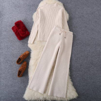 Solid Color Jacquard Long Sleeve Top And Pants Knit Set
