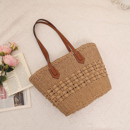 Straw Woven Tote with Hollow-Out Design and Spacious Interior