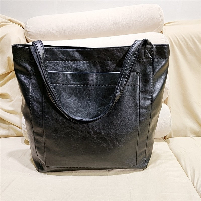 High-Capacity Soft Leather Tote Bag with Multiple Pockets