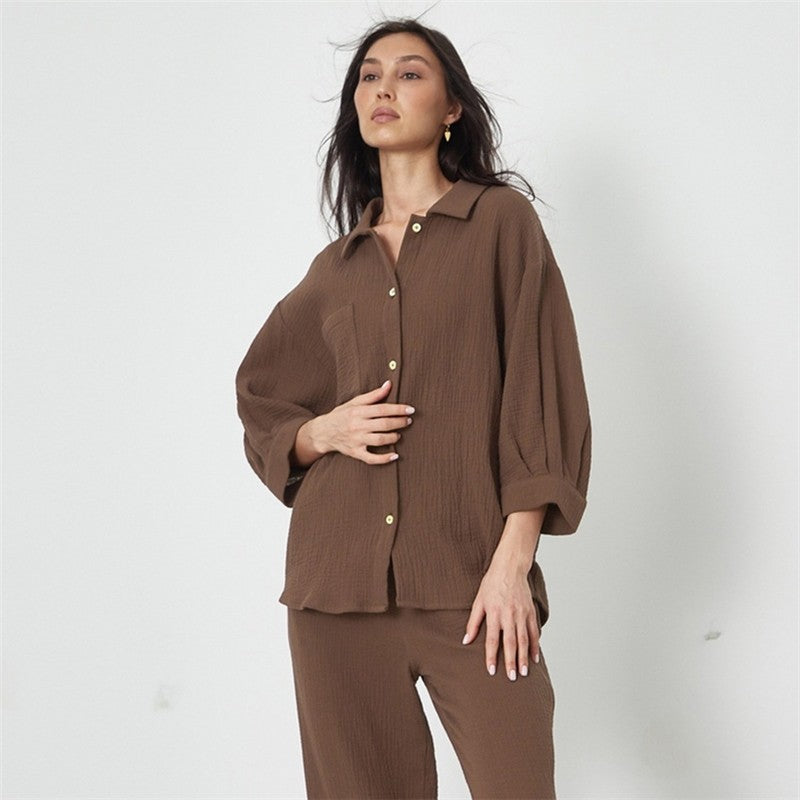 Crepe Two-Piece Pyjama Set with Blouse and Trousers for Women