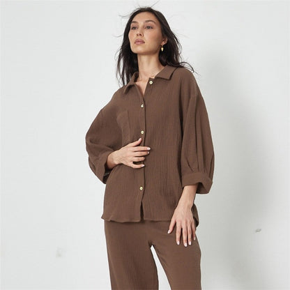Crepe Two-Piece Pyjama Set with Blouse and Trousers for Women