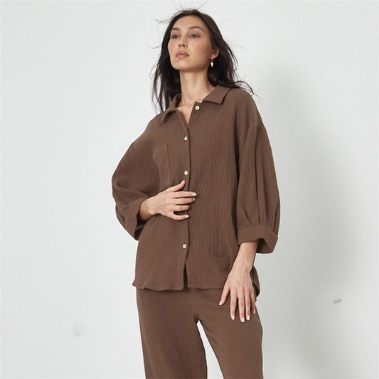 Crepe Two-Piece Pyjama Set with Blouse and Trousers for Women