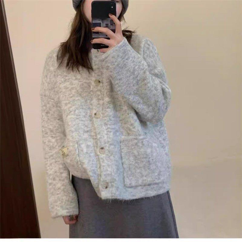 Solid Color Round Neck Single Breasted Knit Cardigan