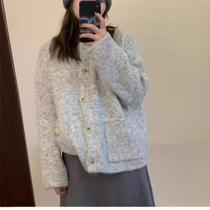 Solid Color Round Neck Single Breasted Knit Cardigan