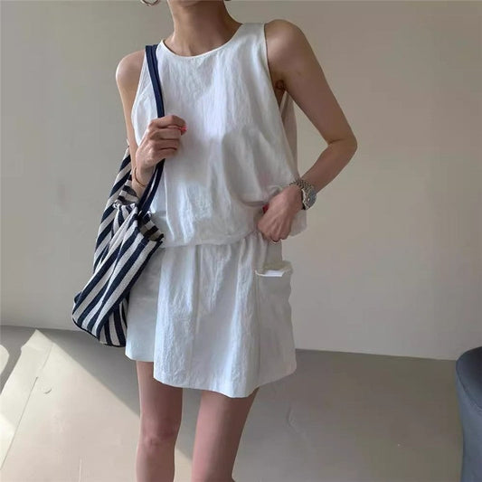 Solid Color Sleeveless Vest and Shorts Set