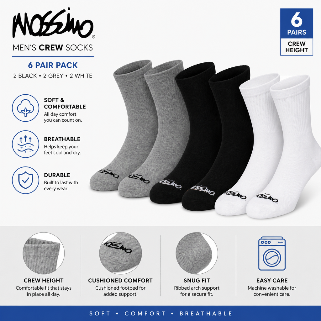 Mossimo Men's Crew Socks 6-Pair Pack – Black, Gray & White Cushioned Crew Socks | Size 10-13, Everyday Athletic & Casual Wear