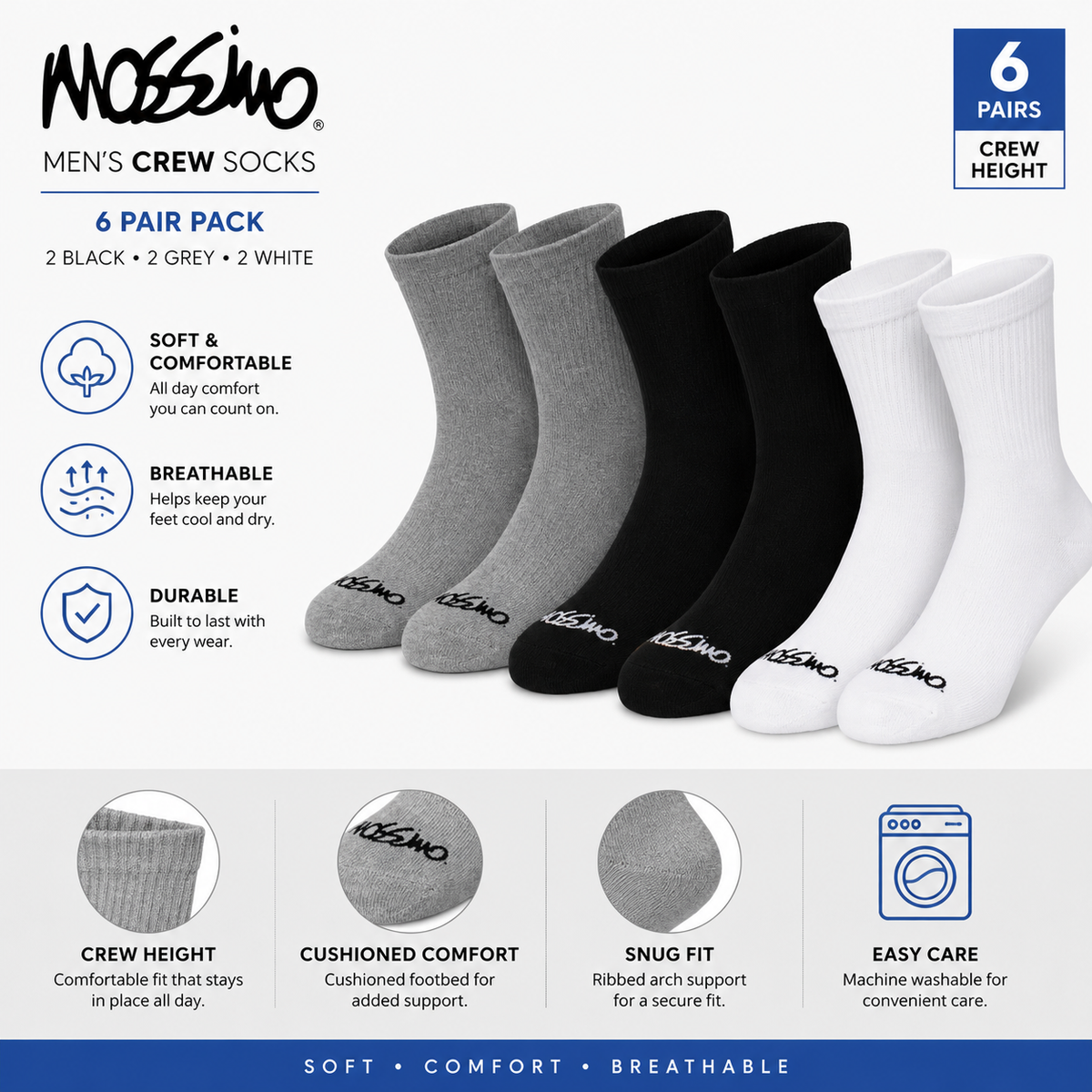 Mossimo Men's Crew Socks 6-Pair Pack – Black, Gray & White Cushioned Crew Socks | Size 10-13, Everyday Athletic & Casual Wear