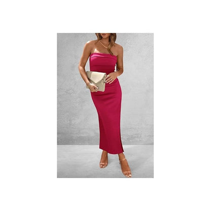 Solid Color Strapless Tube Side Slit Skinny Long Evening Dress