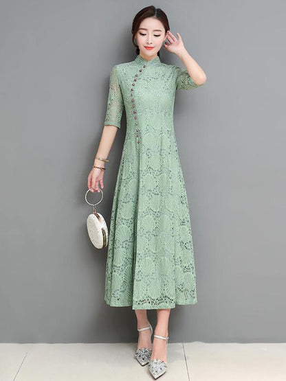 Red&Green Lace A-line Long Cheongsam Ao Dai