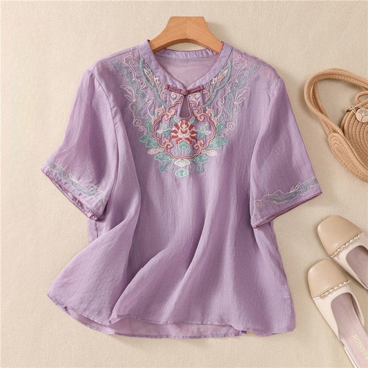 Embroidered Buttonholes Loose Fit Short Sleeve Shirt