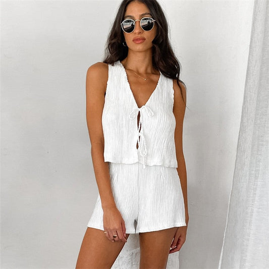 Monochrome Sleeveless Cardigan with Shorts - Pajama Set