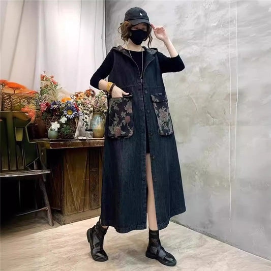 Sleeveless Denim Vest With Hood And Floral Print