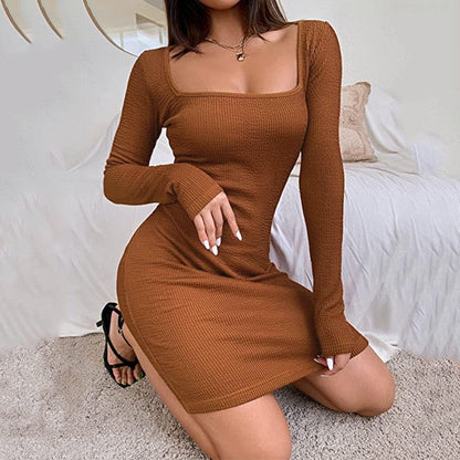 :Women's Square Neck Long Sleeve Tight Fit Dress Solid Color Short Dress
