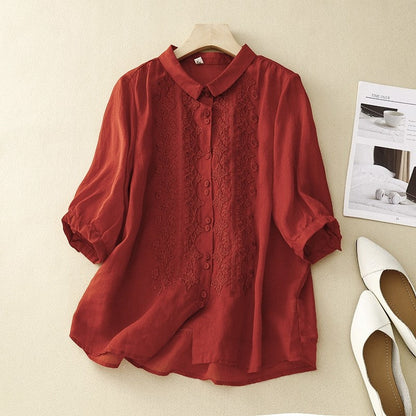 Solid Color Lapel Three-Quarter Sleeve Embroidery Retro Blouse