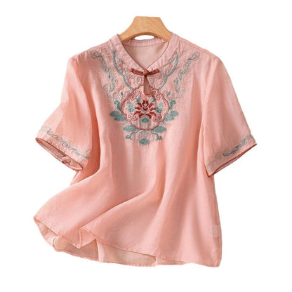 Embroidered Buttonholes Loose Fit Short Sleeve Shirt