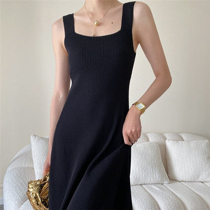 Knitted Hepburn Style Dress with Wide Shoulder Straps