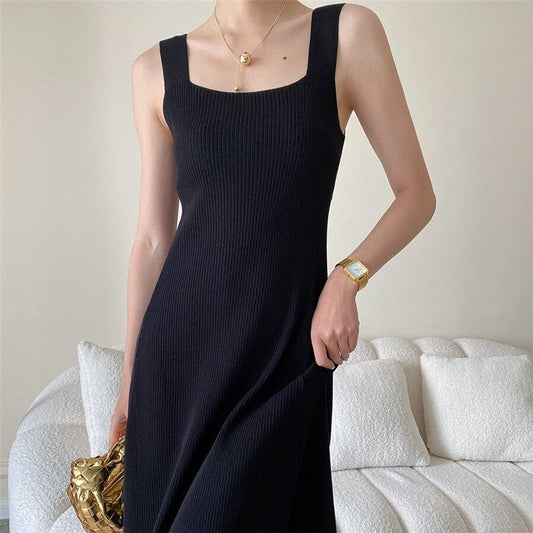 Knitted Hepburn Style Dress with Wide Shoulder Straps