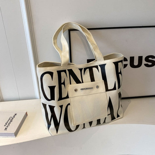 Letter Print Canvas Shoulder Bag with Large Capacity