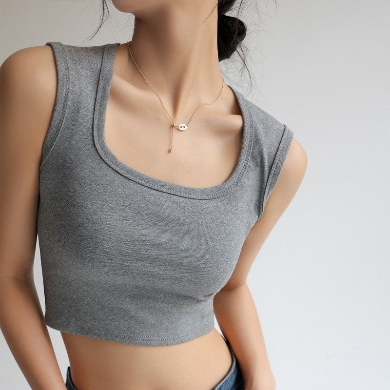 Square Neck Sleeveless Slim Fit Cropped Vest in Solid Color