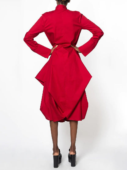 Chic Relaxed Fit Stand-Collar Long Sleeve Midi Dress